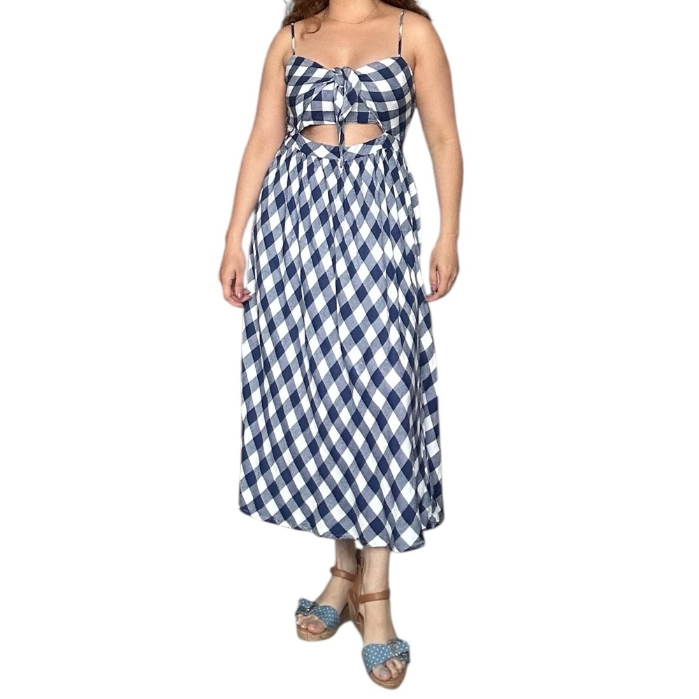 Dex -  Navy and White Gingham Tie-Front Midi Dress - Small - Picture 3 of 12